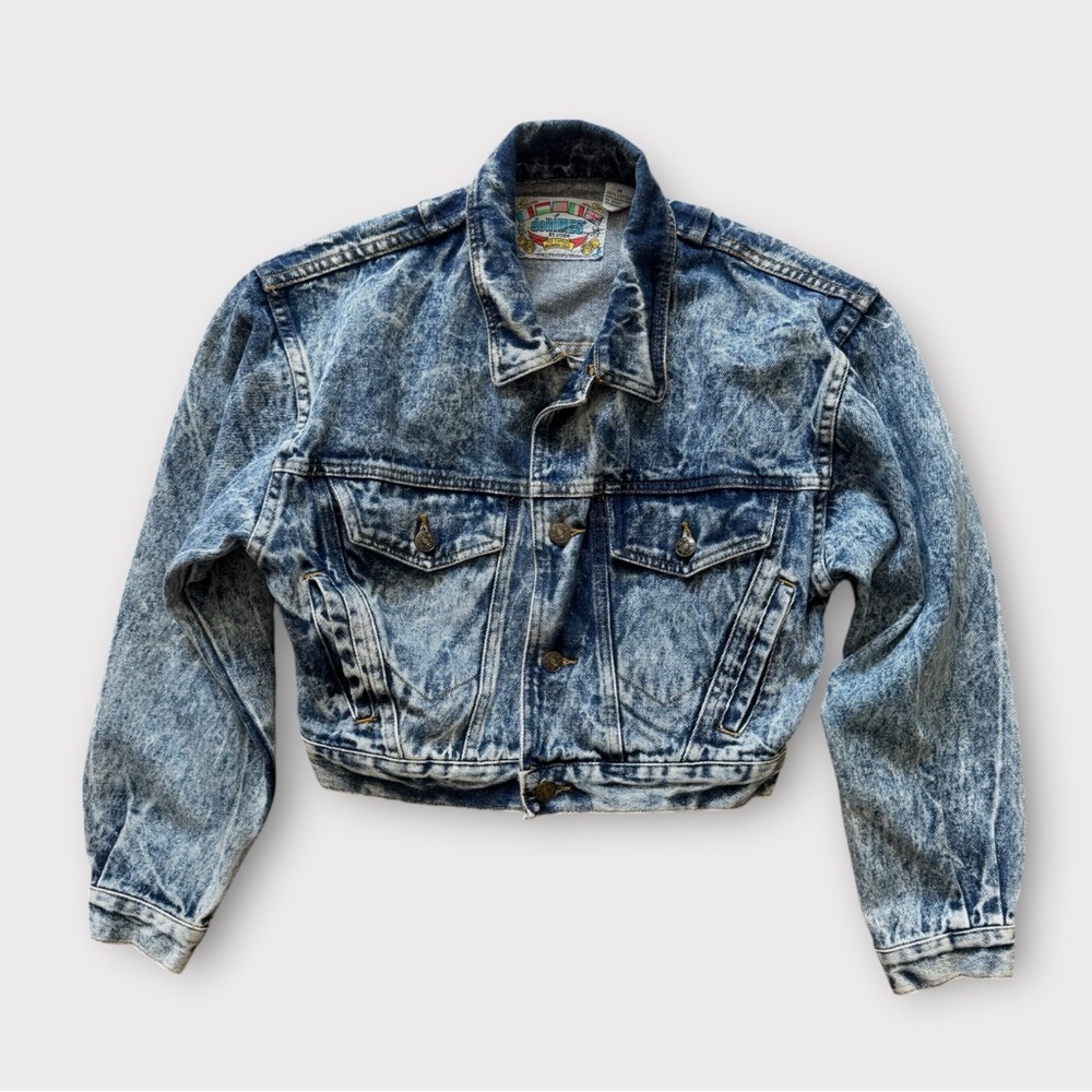 deNimes by I.O.U. Vintage 80s 90s Acid Wash Blue Denim Cropped Jacket Size M